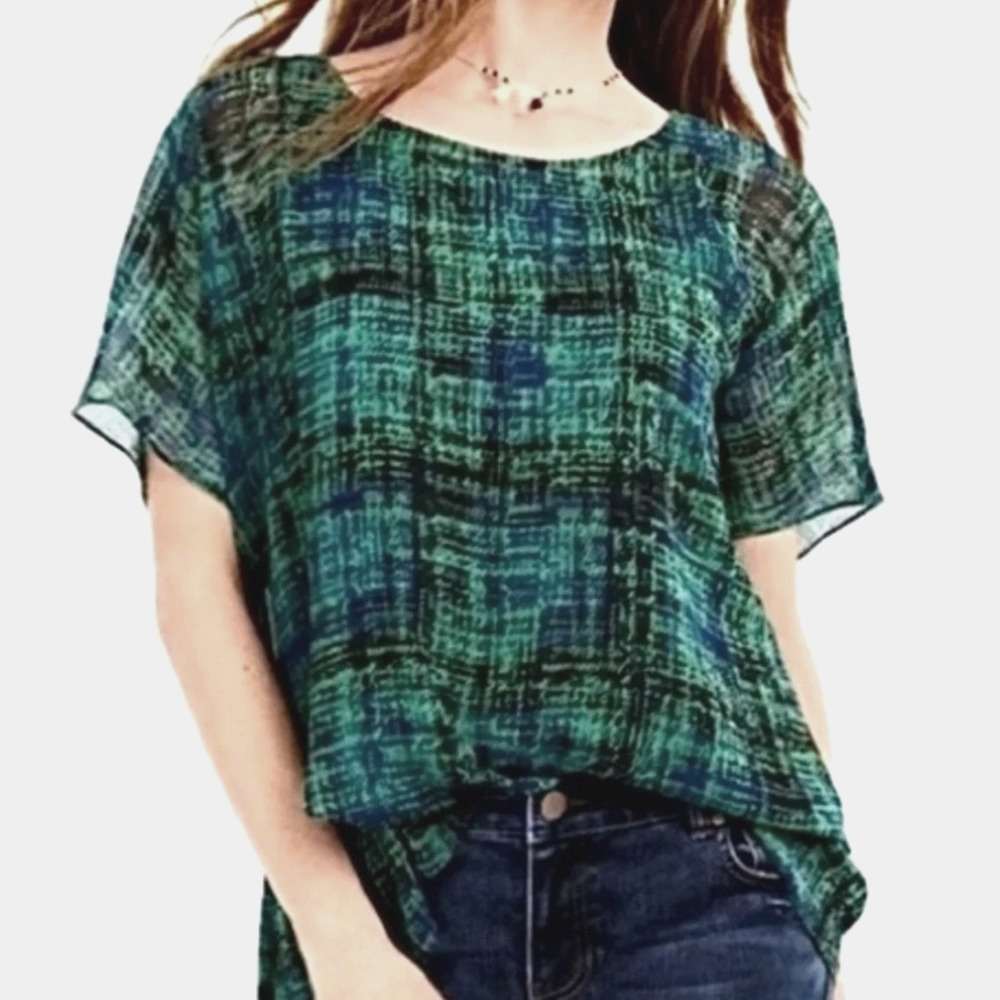 Cabi Top Womens Medium Green Blue Plaid Blouse Sheer Tank Liner attached